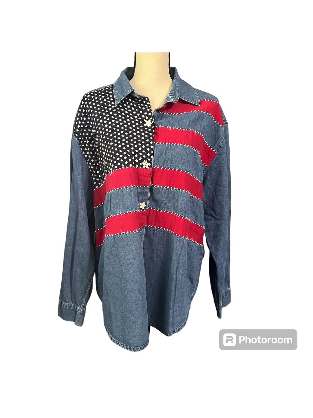 Carolina Blues Embroidered USA America Flag Denim Shirt Sz XL Fourth of July